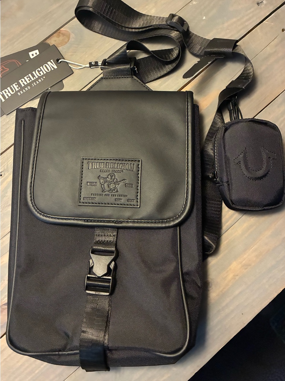 True Religion Black Crossbody Messenger Bag with Patch Detail